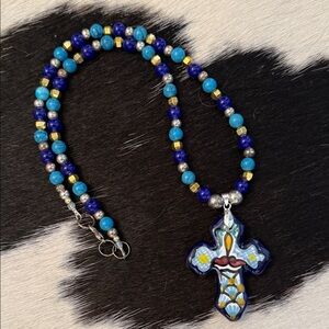 AuthenticTalavera Painted Blue and Turquoise Beaded Cross Necklace
